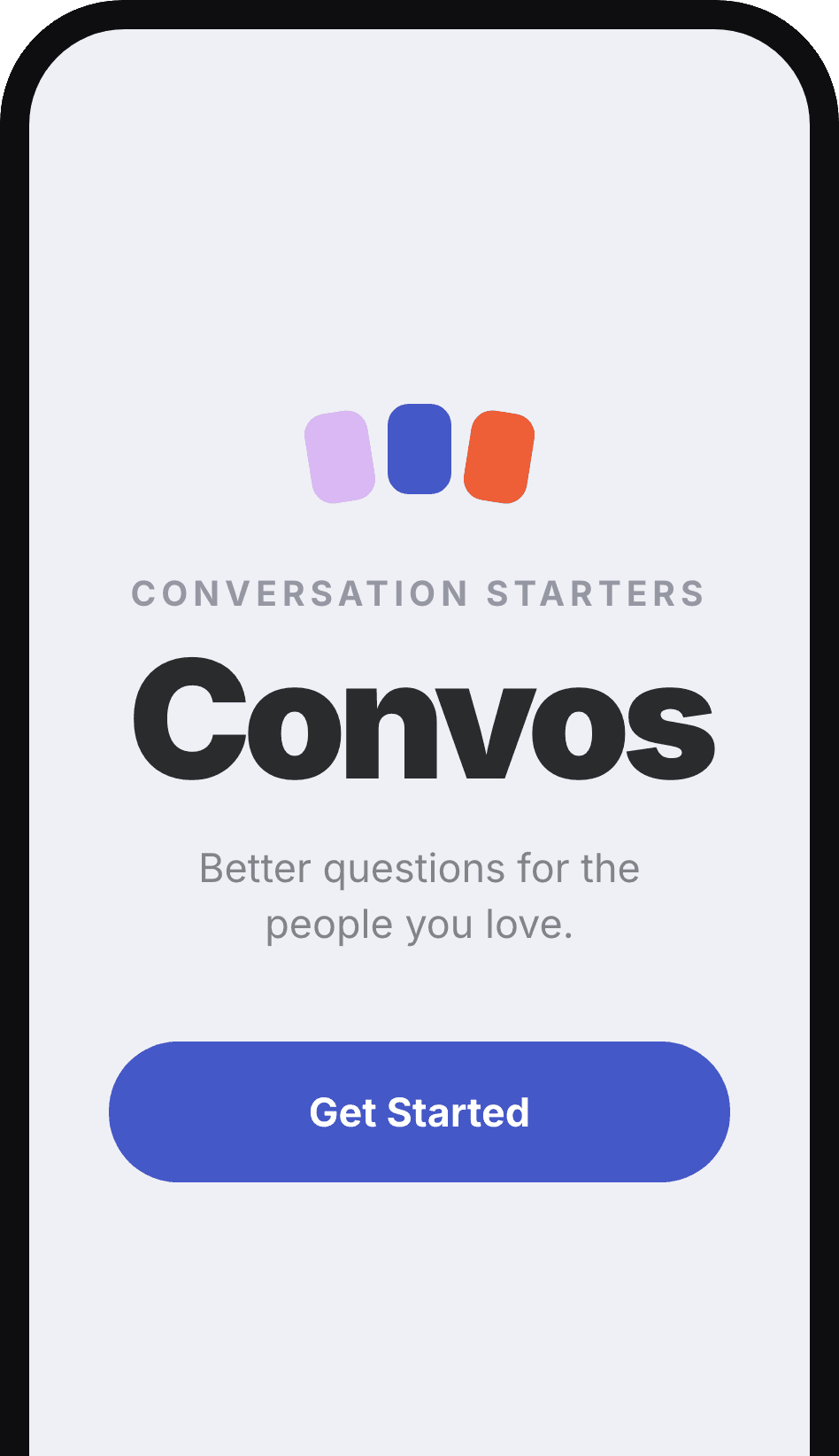 The Convos app splash screen, showing the Convos logo and a Get Started button