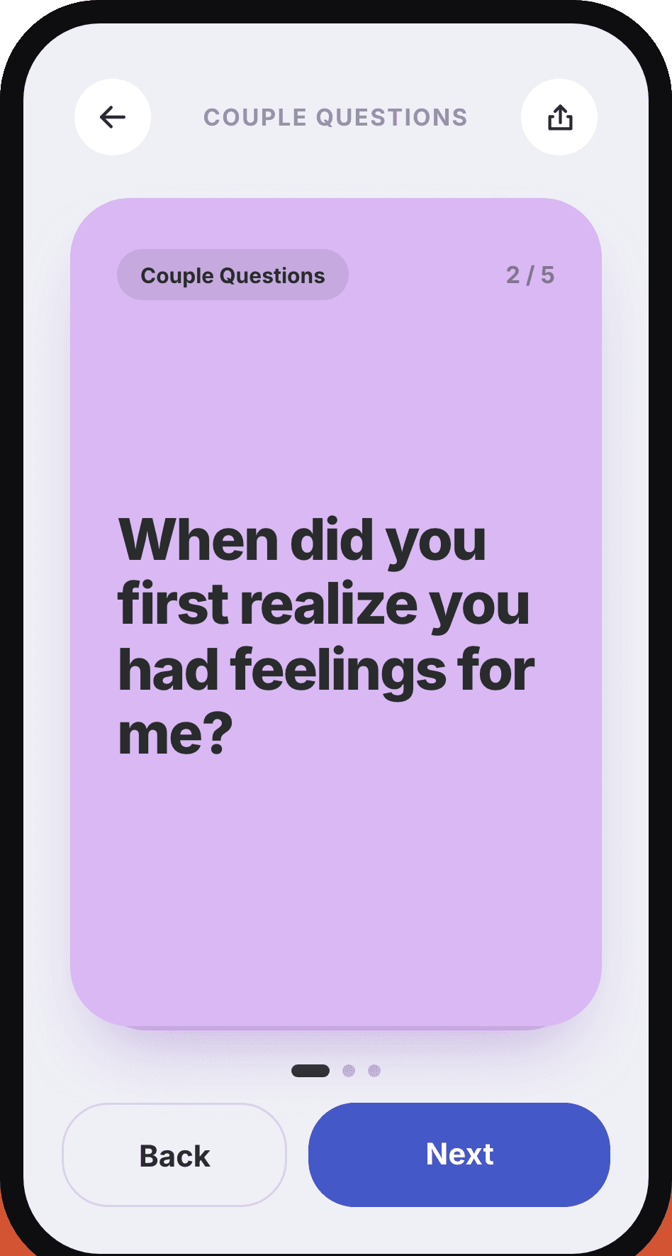 A Convos question card from the Couple Questions pack, asking 'When did you first realize you had feelings for me?'
